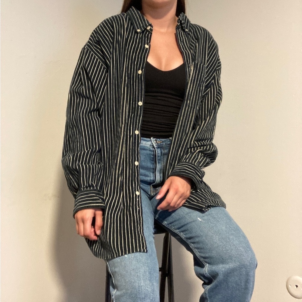 Green Striped Corduroy Button Down Shirt